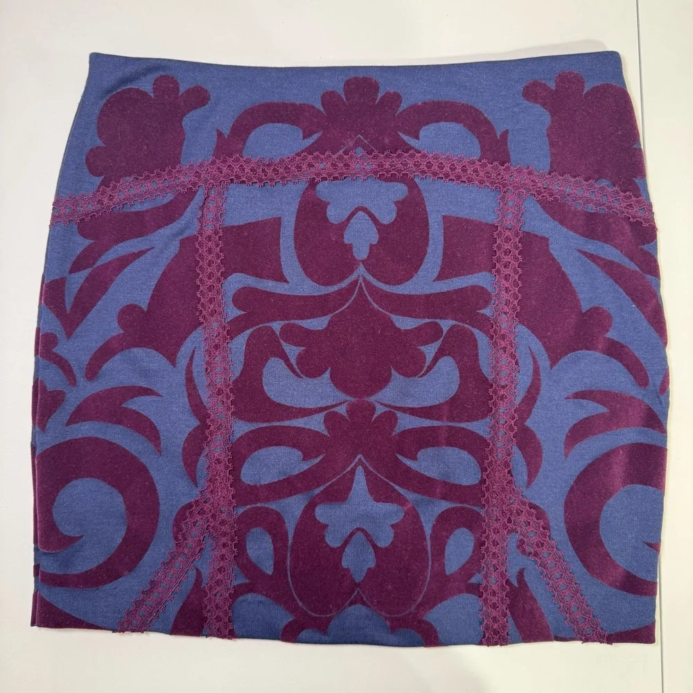 Free People‎ Velvet Burnout Mini Skirt Lace Panel Blue Purple Size S